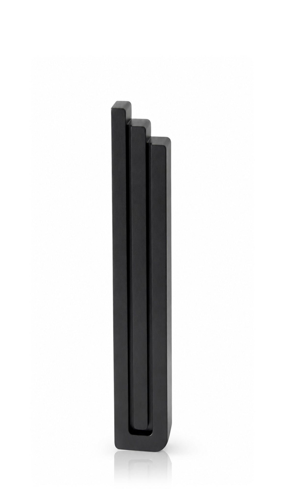 Large Modern Black Pyramid Mezuzah shown from the front as a deep matte black aluminum mezuzah cover, with three graduated vertical bars forming a contemporary stepped design and a gently rounded lower edge for modern Jewish doorway decor