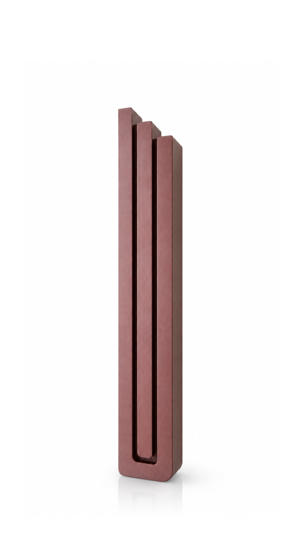 Large Modern Burgundy Pyramid Mezuzah shown from the front as a muted burgundy wine-red aluminum mezuzah cover, with three graduated vertical bars forming a contemporary stepped design and a gently rounded lower edge for modern Jewish doorway decor