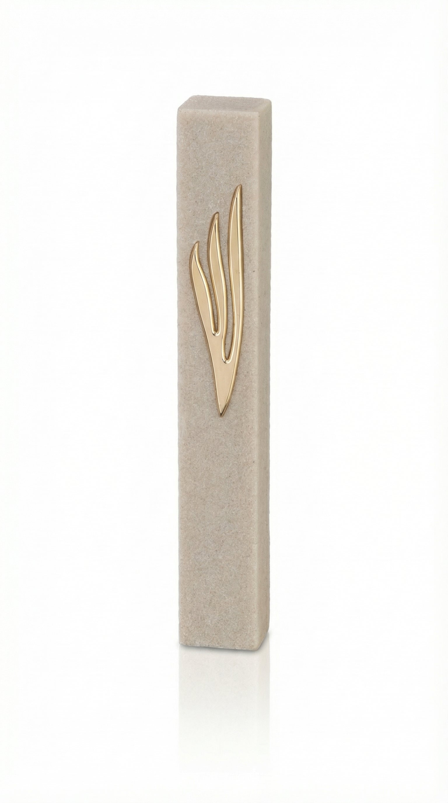 Large modern cream cement mezuzah case with Hebrew inscription, detailed texture, and polished surface, displayed on a white studio background with subtle reflection.