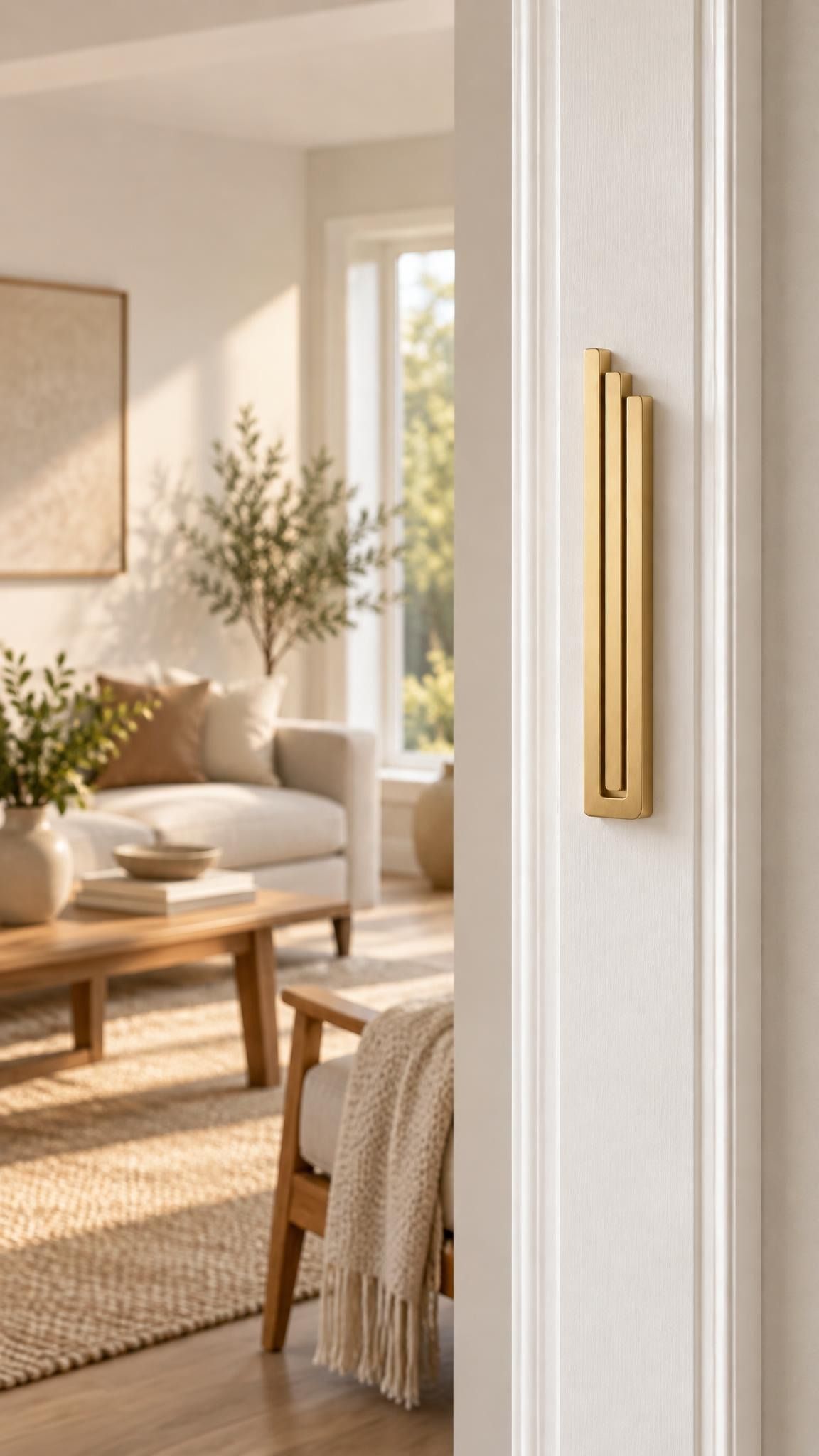 Large Modern Gold Pyramid Mezuzah mounted vertically on a white interior doorpost, where its warm metallic gold aluminum mezuzah cover and three graduated bars create a contemporary Judaica accent with clean geometric lines against the pale doorframe