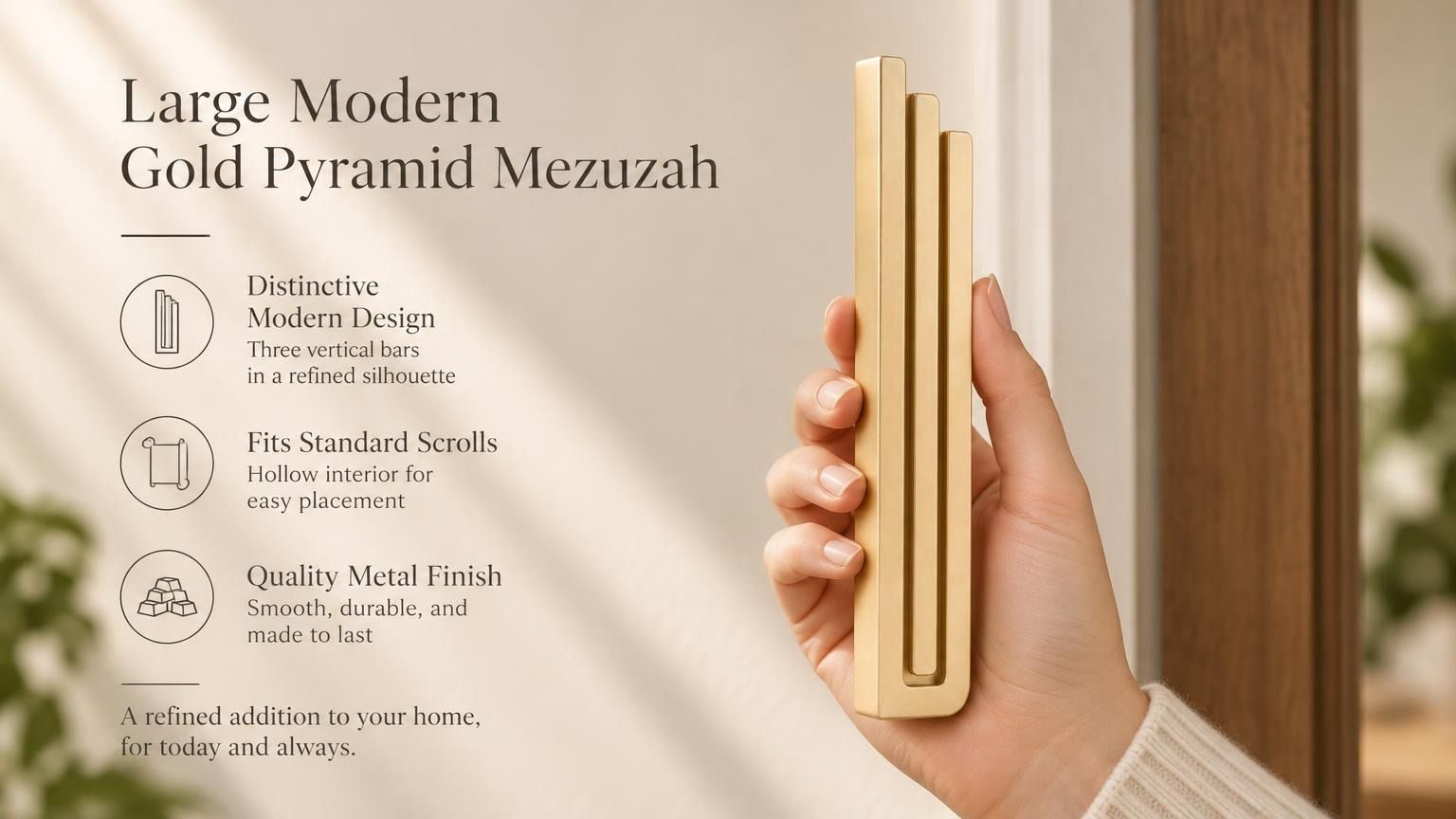 Large Modern Gold Pyramid Mezuzah pictured in hand as a warm metallic gold aluminum mezuzah cover with three graduated bars and a contemporary stepped design, alongside its name and illustrated product features in a wide social-sharing image