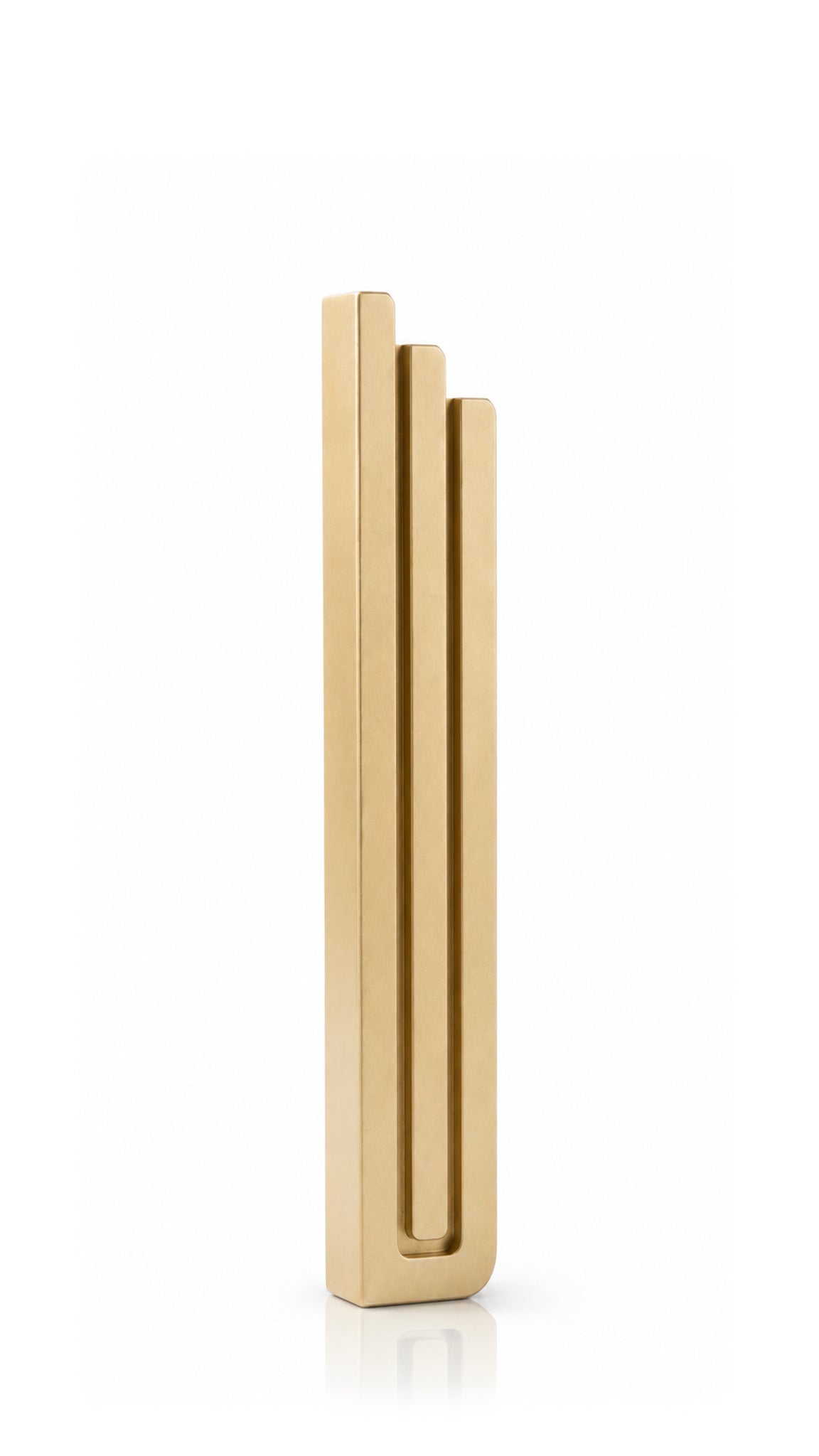 Large Modern Gold Pyramid Mezuzah shown from the front as a warm metallic gold aluminum mezuzah cover, with three graduated vertical bars forming a contemporary stepped design and a gently rounded lower edge for modern Jewish doorway decor