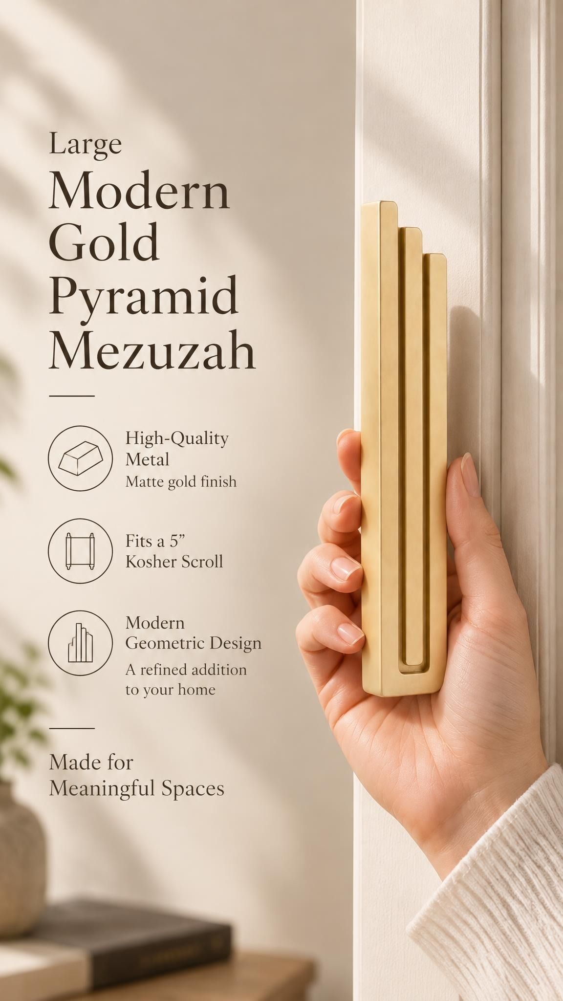 A hand presents the Large Modern Gold Pyramid Mezuzah with its warm metallic gold aluminum mezuzah cover facing forward, highlighting the clean graduated bars and geometric vertical profile beside design illustrations for a contemporary Jewish doorway accent