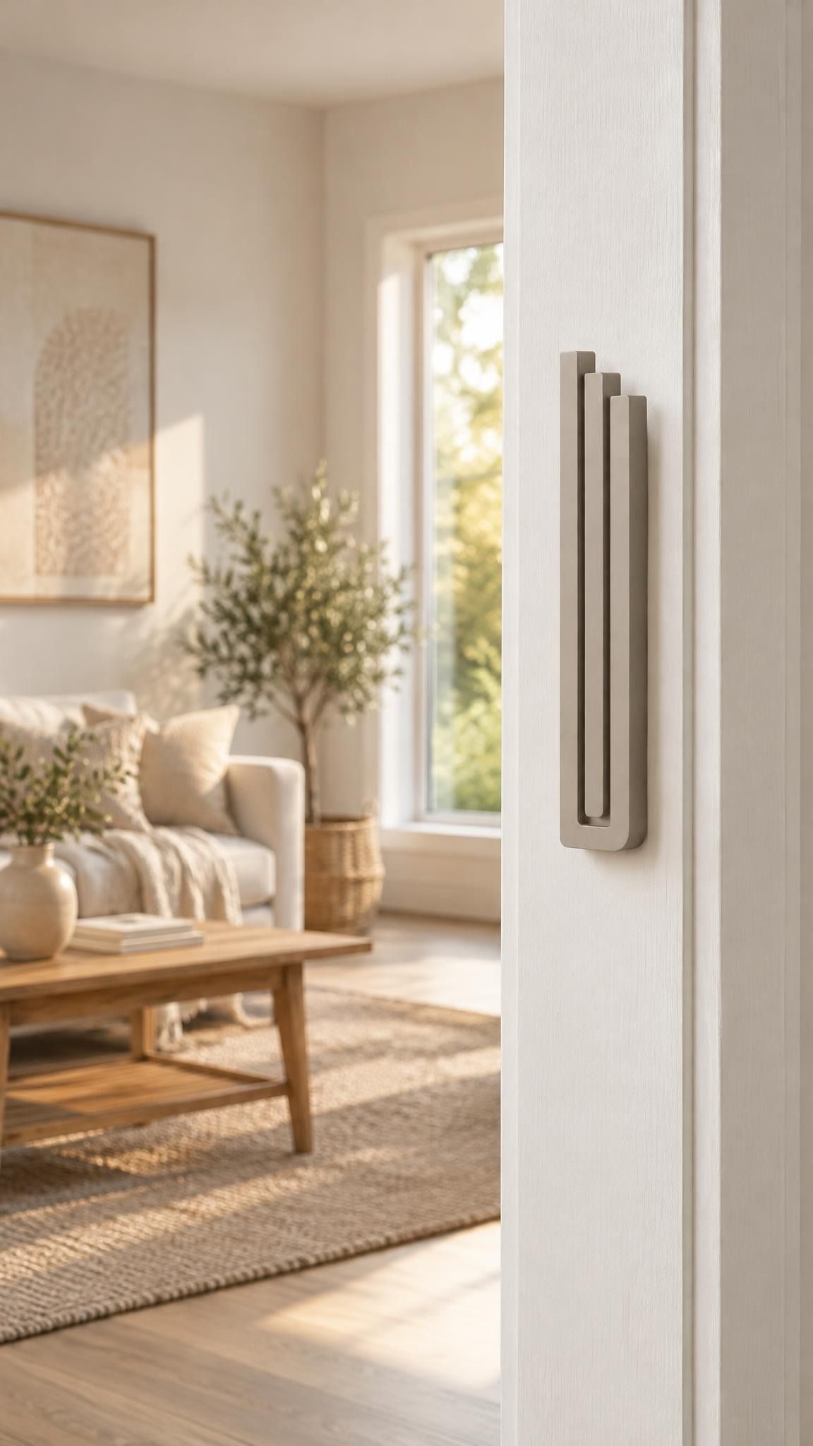 Large Modern Sandstone Pyramid Mezuzah mounted vertically on a white interior doorpost, where its warm taupe sandstone aluminum mezuzah cover and three graduated bars create a contemporary Judaica accent with clean geometric lines against the pale doorframe