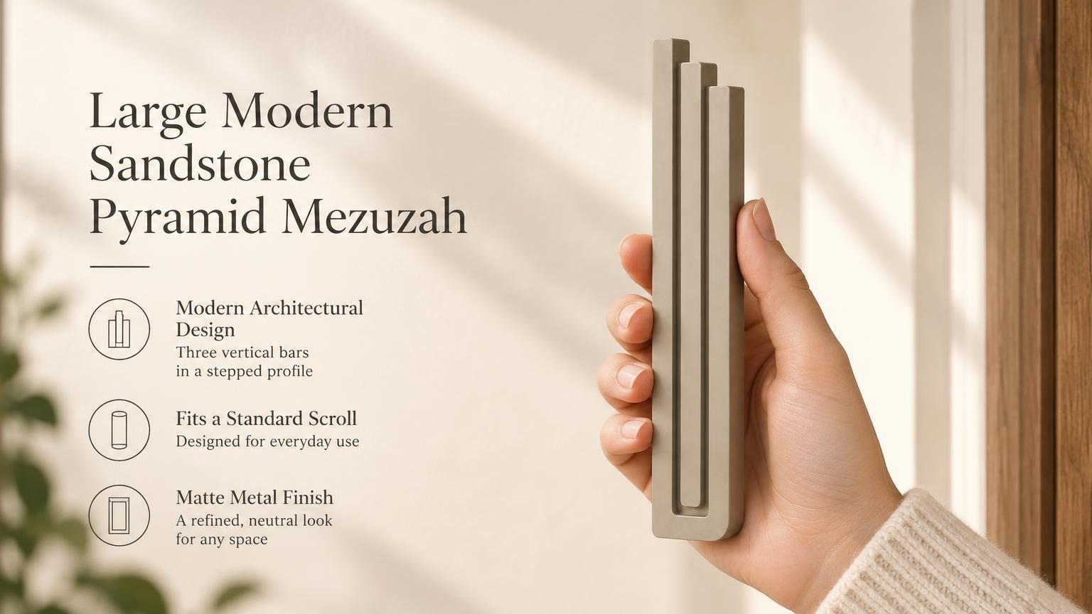 Large Modern Sandstone Pyramid Mezuzah pictured in hand as a warm taupe sandstone aluminum mezuzah cover with three graduated bars and a contemporary stepped design, alongside its name and illustrated product features in a wide social-sharing image