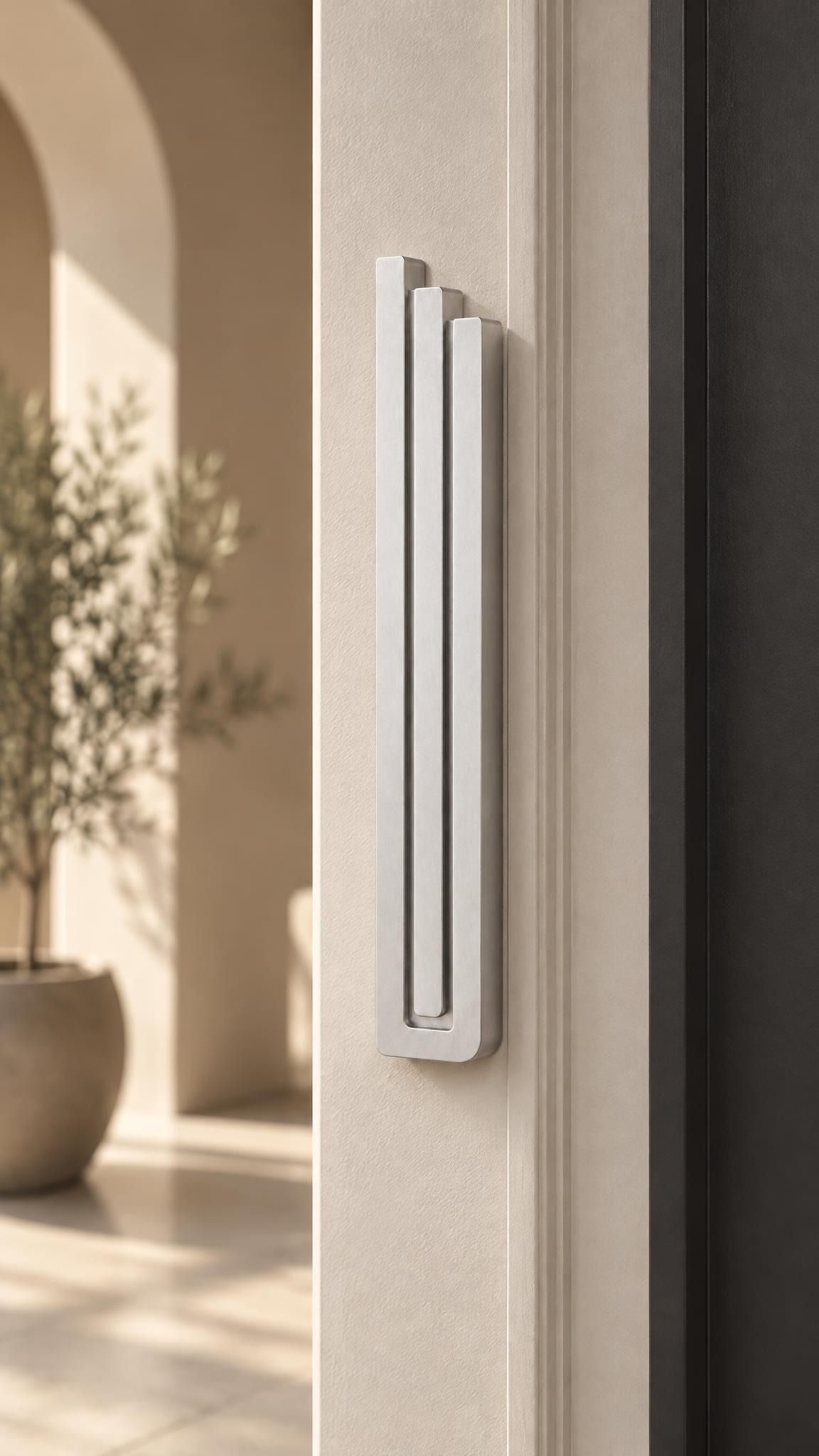 Large Modern Silver Pyramid Mezuzah mounted on a pale doorpost beside its product name and illustrated design features, showing the softly brushed silver aluminum mezuzah cover and three stepped bars as a contemporary detail for a Jewish home entrance