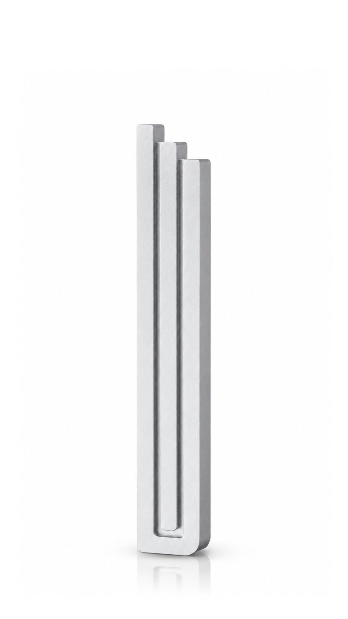 Large Modern Silver Pyramid Mezuzah shown from the front as a softly brushed silver aluminum mezuzah cover, with three graduated vertical bars forming a contemporary stepped design and a gently rounded lower edge for modern Jewish doorway decor