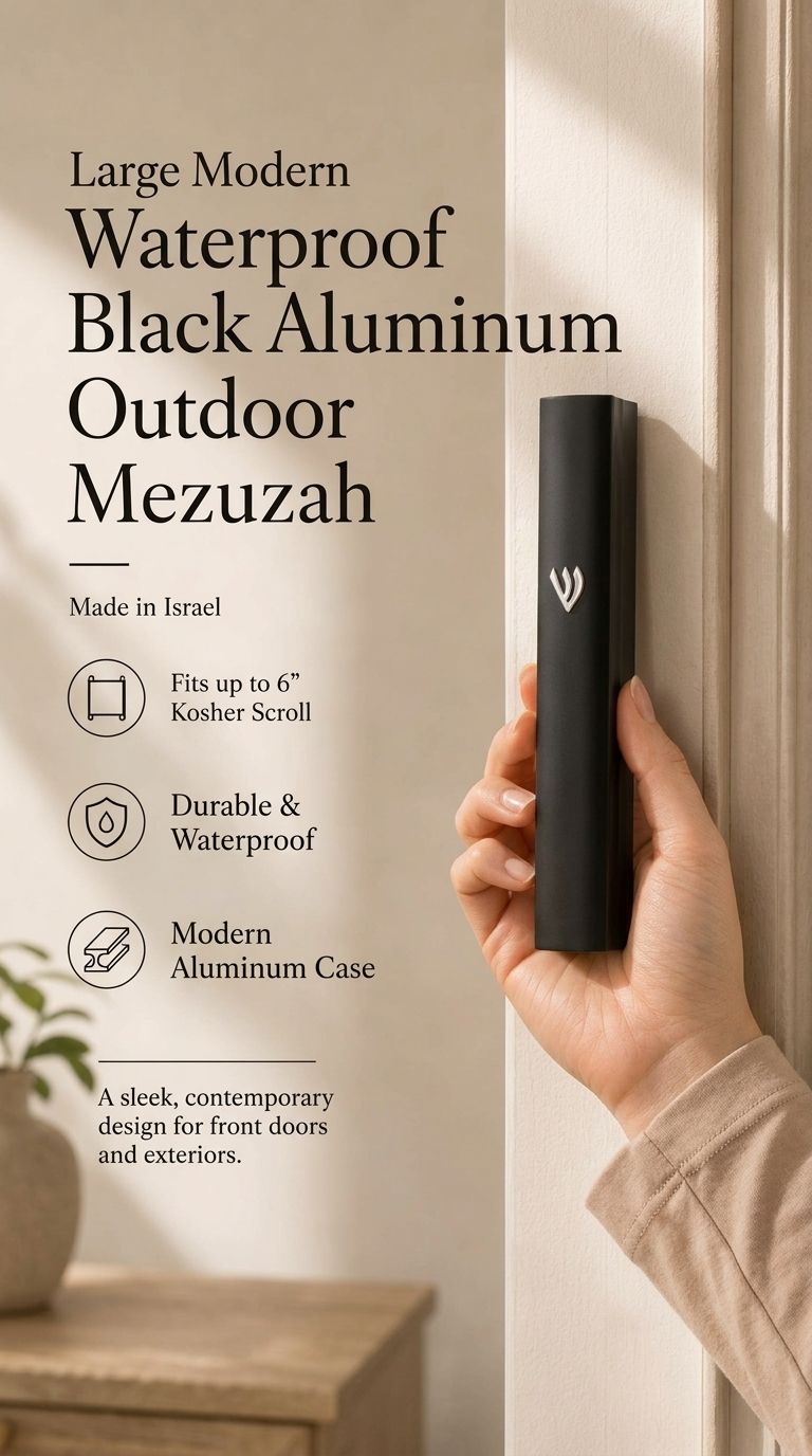holding the large black aluminum outdoor mezuzah case beside a light doorframe, showing its silver Hebrew Shin and matte finish alongside text about its Israeli origin, six-inch kosher scroll fit and waterproof construction