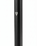 Large Modern Waterproof Black Aluminum Outdoor Mezuzah standing against a white background, showing its matte black curved face, silver Hebrew Shin near the top and narrow raised edge