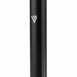 Large Modern Waterproof Black Aluminum Outdoor Mezuzah standing against a white background, showing its matte black curved face, silver Hebrew Shin near the top and narrow raised edge