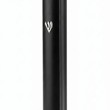 Large Modern Waterproof Black Aluminum Outdoor Mezuzah standing against a white background, showing its matte black curved face, silver Hebrew Shin near the top and narrow raised edge