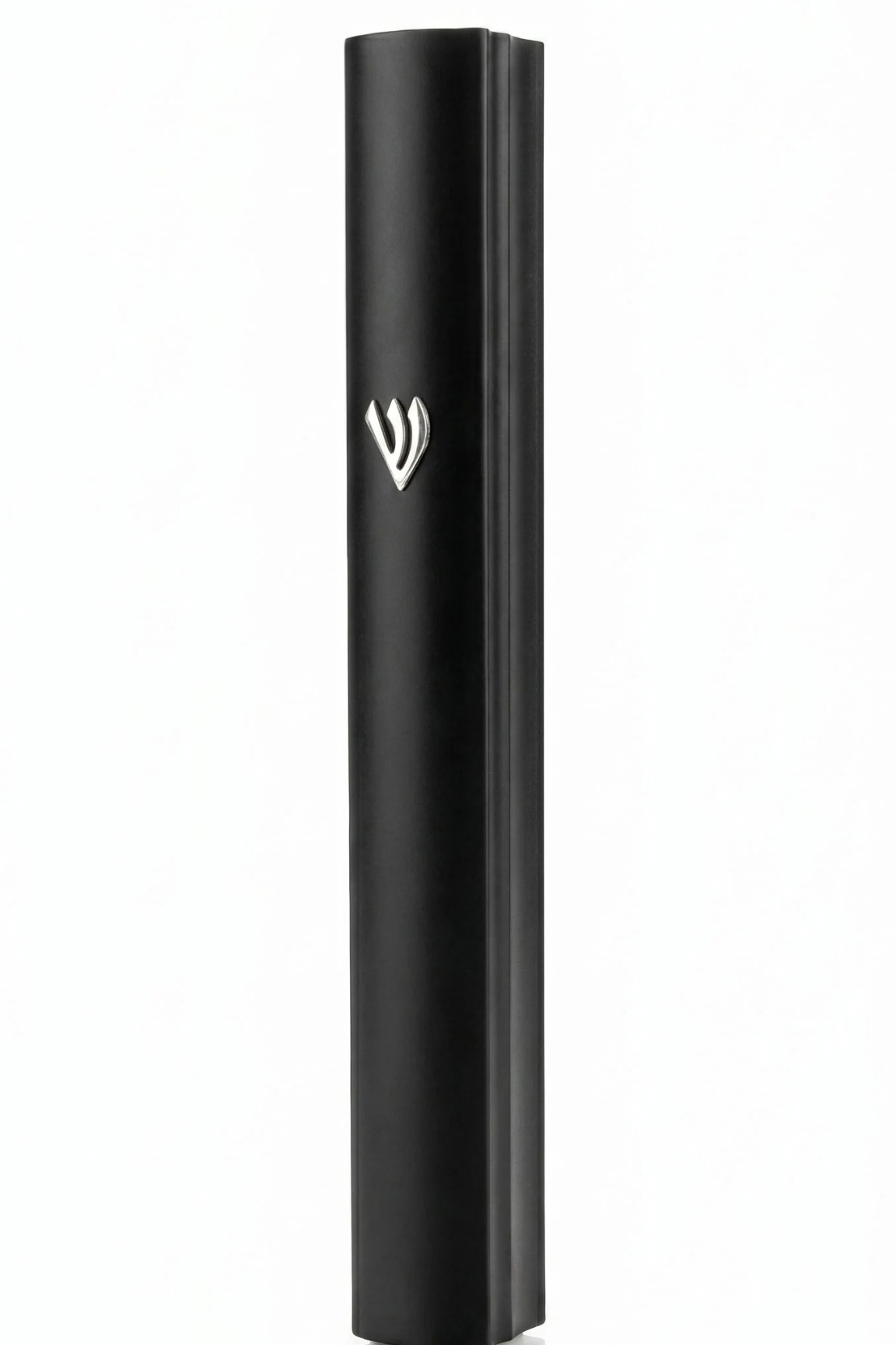 Large Modern Waterproof Black Aluminum Outdoor Mezuzah standing against a white background, showing its matte black curved face, silver Hebrew Shin near the top and narrow raised edge