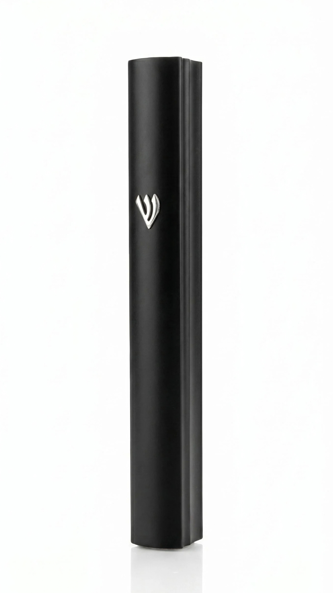 Large Modern Waterproof Black Aluminum Outdoor Mezuzah standing against a white background, showing its matte black curved face, silver Hebrew Shin near the top and narrow raised edge