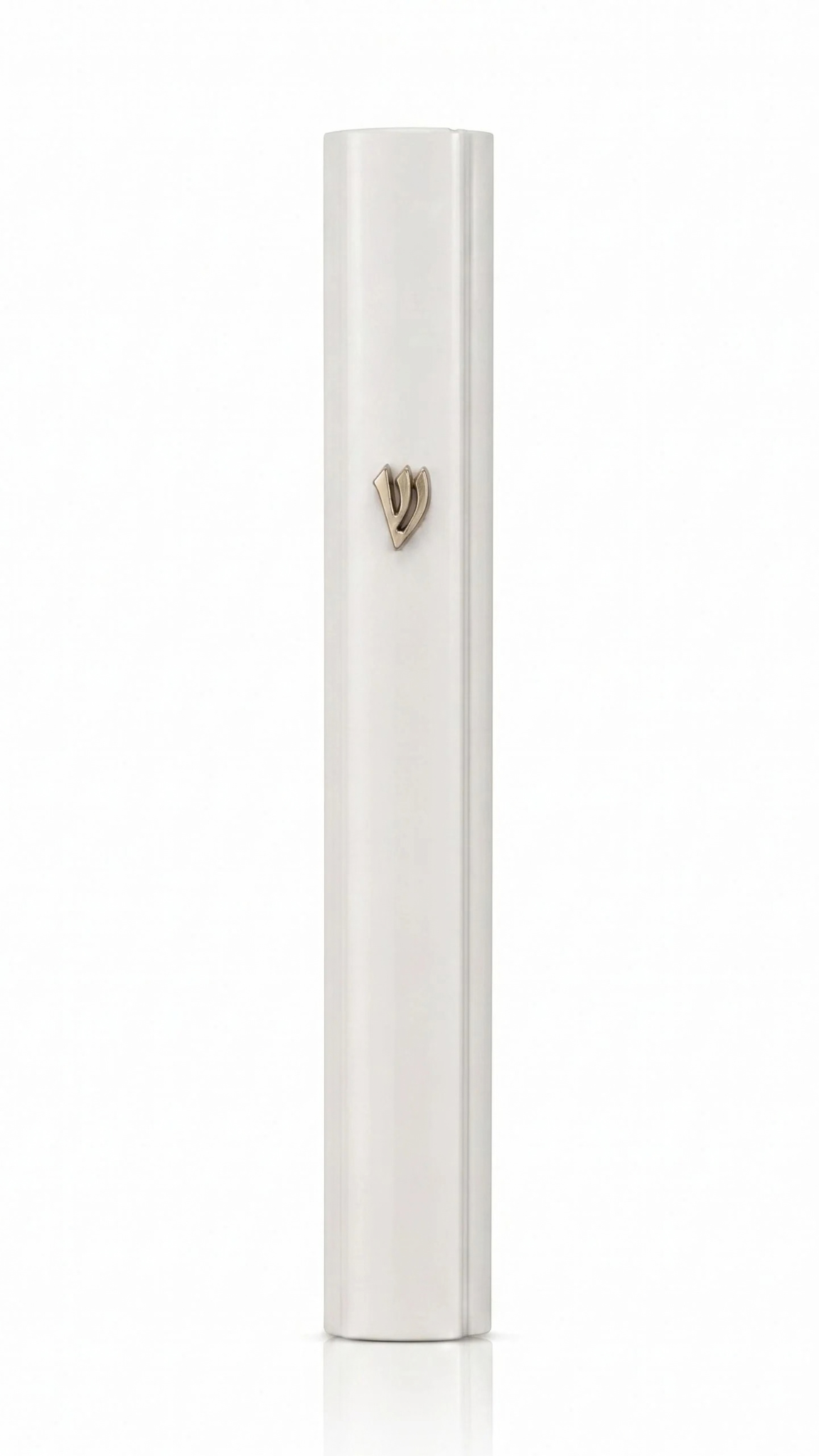 Large Modern Waterproof White Aluminum Outdoor Mezuzah case, showing its long white metal face and raised silver Hebrew Shin