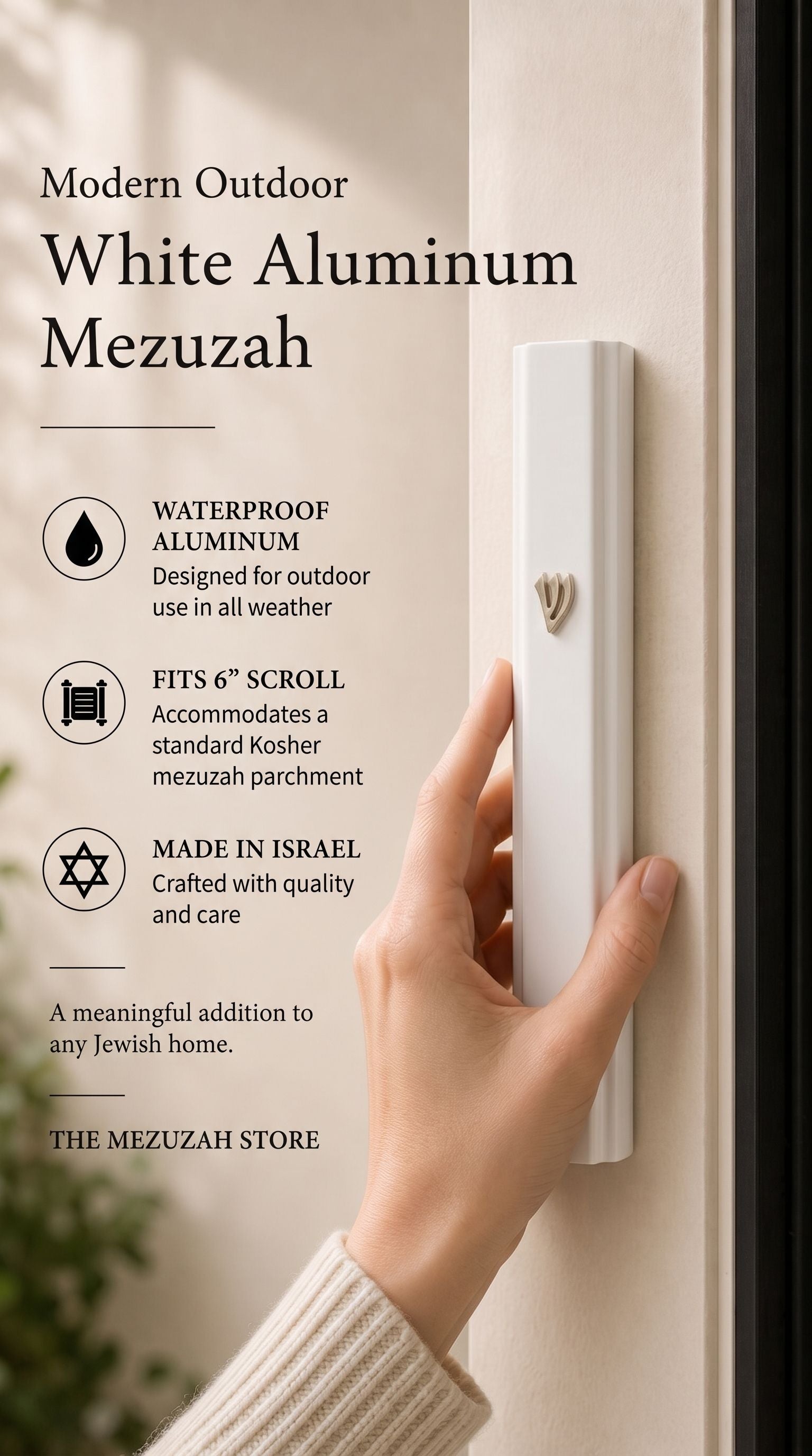 positioning the large modern white aluminum outdoor mezuzah case on a light doorpost beside a dark doorframe, showing its clean front face and raised Hebrew Shin