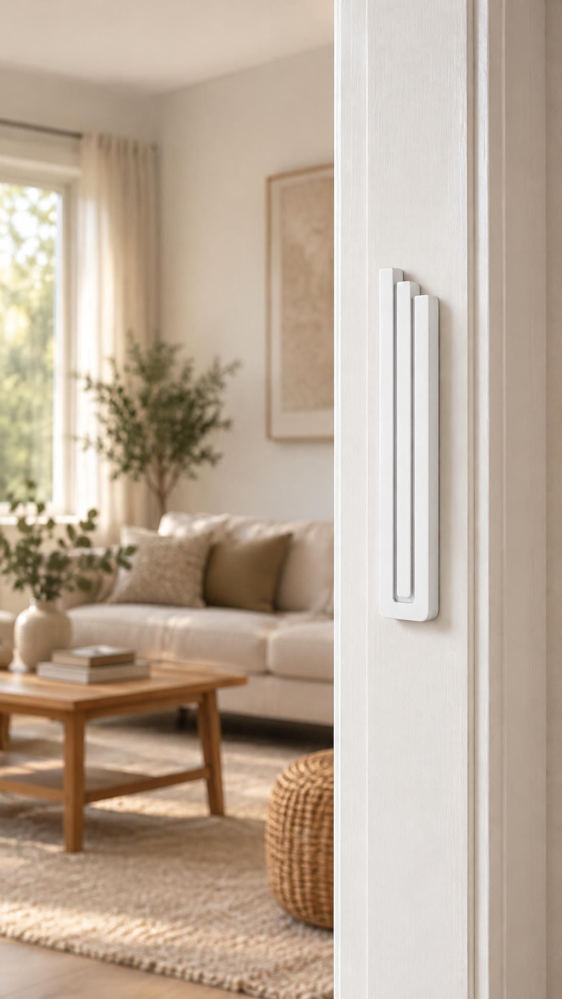 Large Modern White Pyramid Mezuzah mounted vertically on a white interior doorpost, where its smooth matte white aluminum mezuzah cover and three graduated bars create a minimalist Judaica accent with clean geometric lines against the pale doorframe