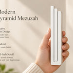 Large Modern White Pyramid Mezuzah pictured in hand as a smooth matte white aluminum mezuzah cover with three graduated bars and a minimalist stepped design, alongside its name and illustrated product features in a wide social-sharing image