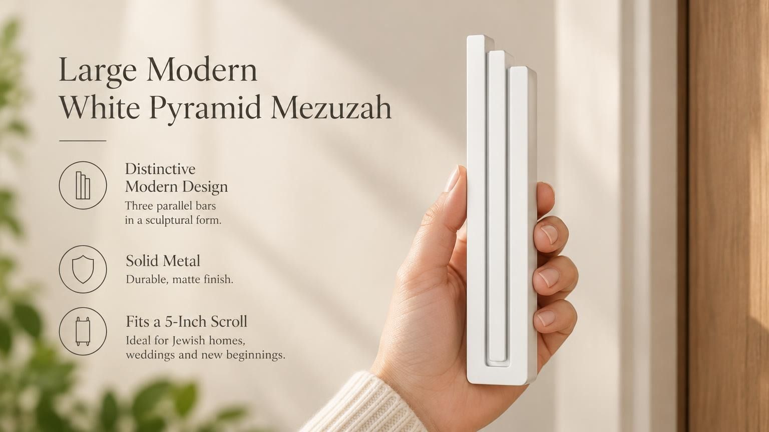 Large Modern White Pyramid Mezuzah pictured in hand as a smooth matte white aluminum mezuzah cover with three graduated bars and a minimalist stepped design, alongside its name and illustrated product features in a wide social-sharing image