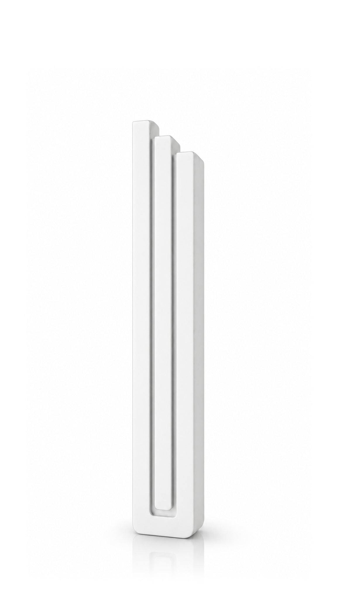 Large Modern White Pyramid Mezuzah shown from the front as a smooth matte white aluminum mezuzah cover, with three graduated vertical bars forming a minimalist stepped design and a gently rounded lower edge for modern Jewish doorway decor