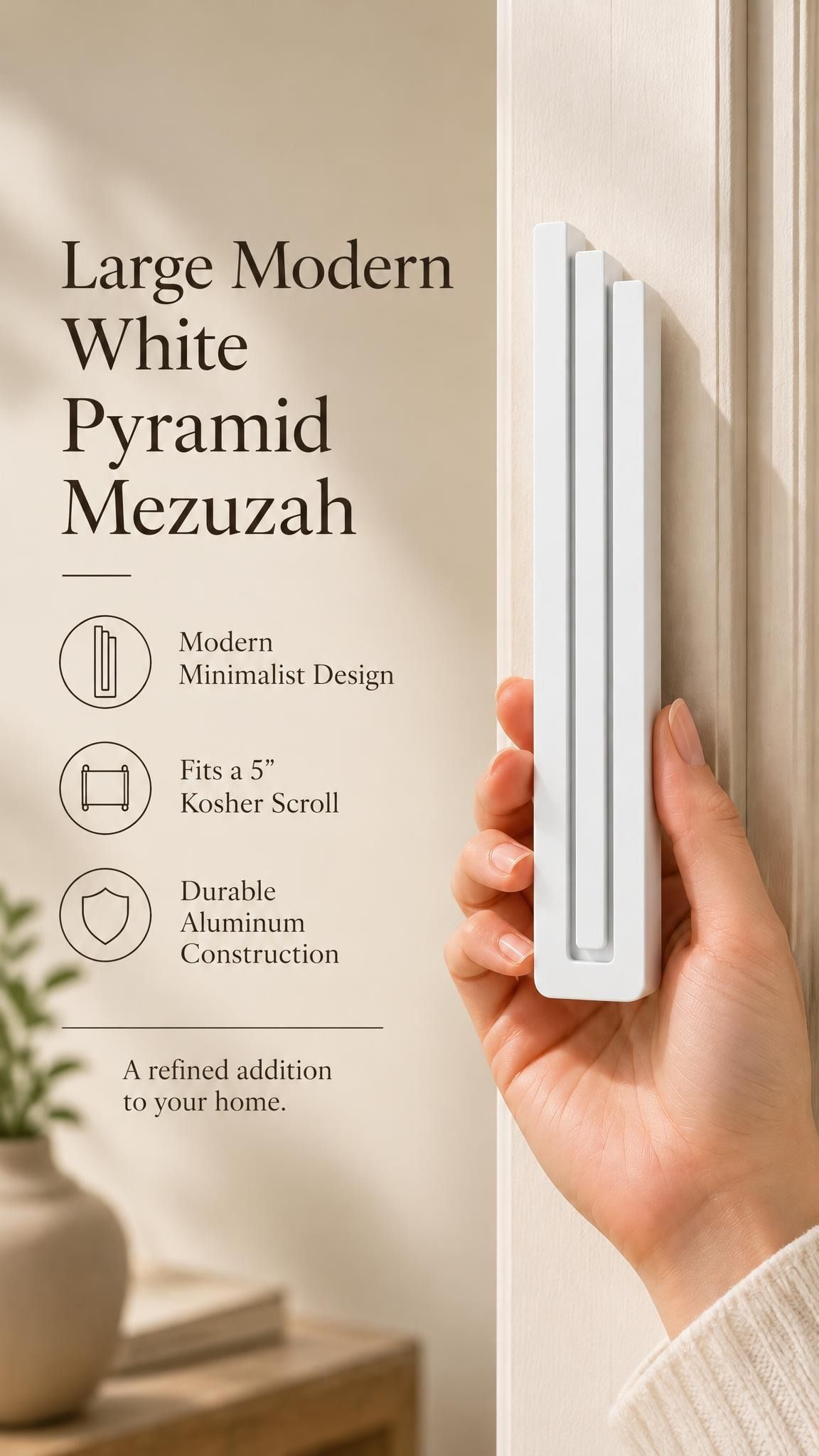 A hand presents the Large Modern White Pyramid Mezuzah with its smooth matte white aluminum mezuzah cover facing forward, highlighting the clean graduated bars and geometric vertical profile beside design illustrations for a minimalist Jewish doorway accent