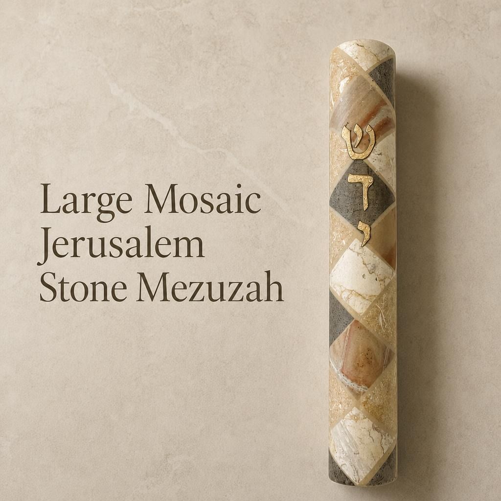 Large mosaic Jerusalem stone mezuzah case with Hebrew detail, 7-inch profile, natural stone veining, ideal for prominent doorways
