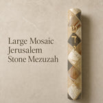 Large mosaic Jerusalem stone mezuzah case with Hebrew detail, 7-inch profile, natural stone veining, ideal for prominent doorways