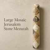 Large mosaic Jerusalem stone mezuzah case with Hebrew detail, 7-inch profile, natural stone veining, ideal for prominent doorways