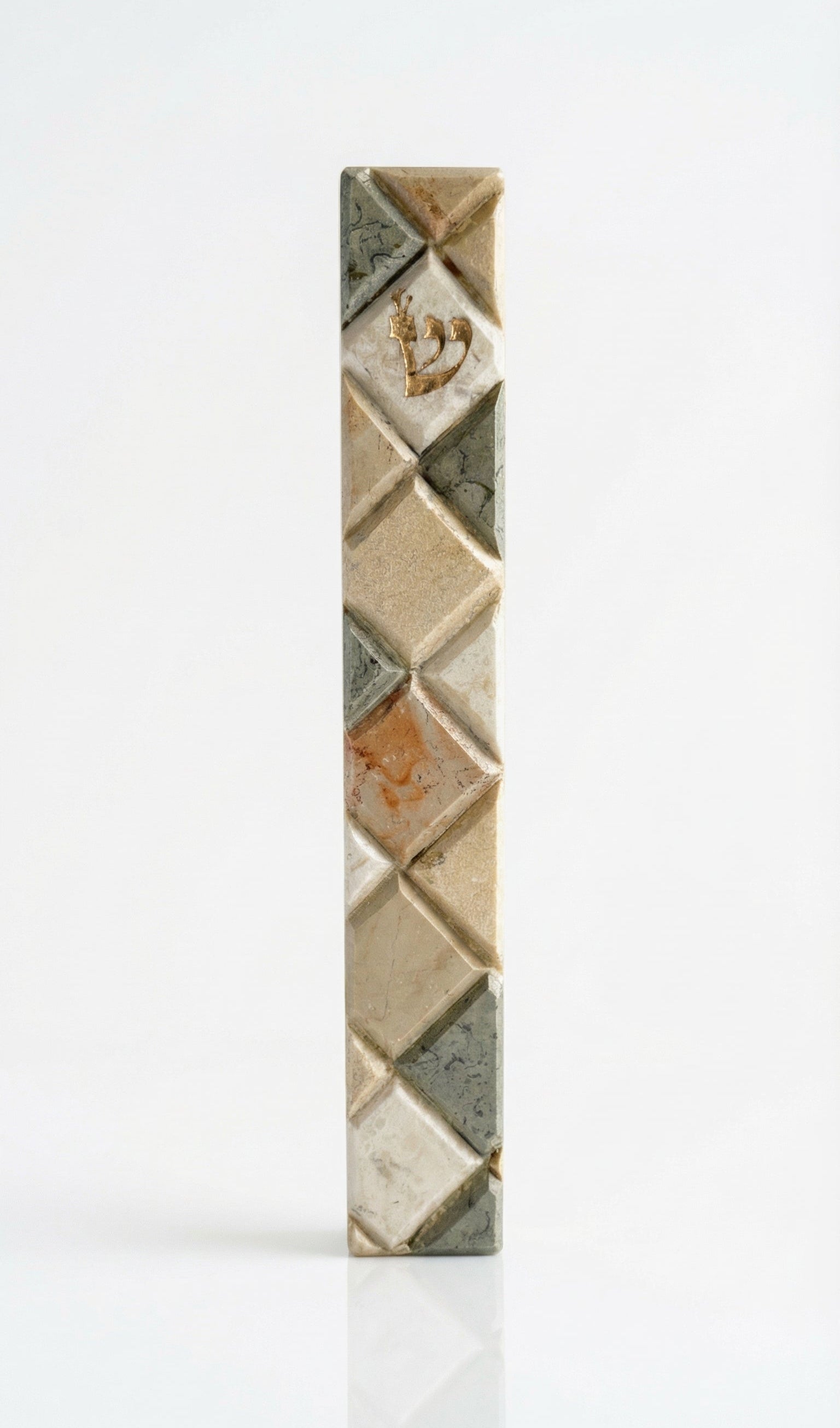 Large Jerusalem stone mezuzah for front entrance, detailed engravings, Hebrew script, decorative motifs, natural stone variations.