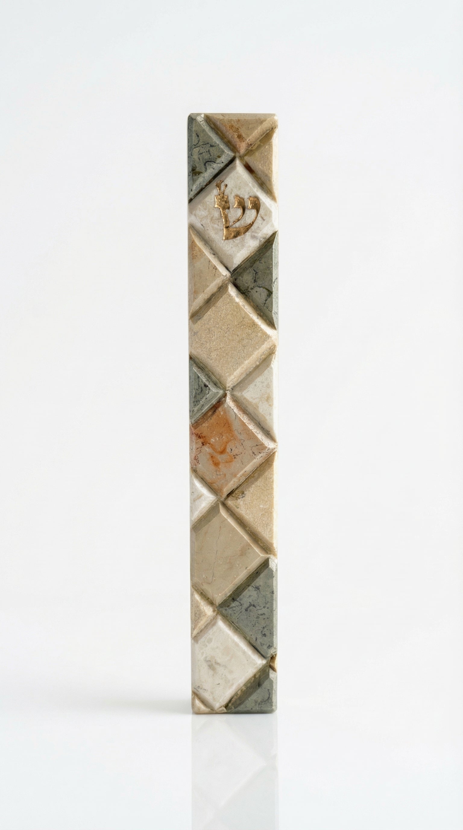 Large Jerusalem stone mezuzah for front entrance, detailed engravings, Hebrew script, decorative motifs, natural stone variations.