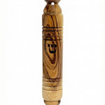 Natural olive wood Mezuzah with Hebrew inscriptions, mounted on a white background with subtle reflection, detailed wood grain visible.