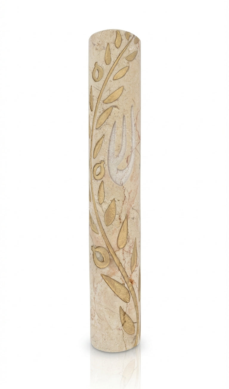 Large handcrafted Jerusalem stone Mezuzah with gold olive branch design and detailed engravings, on a white studio background with soft reflection.