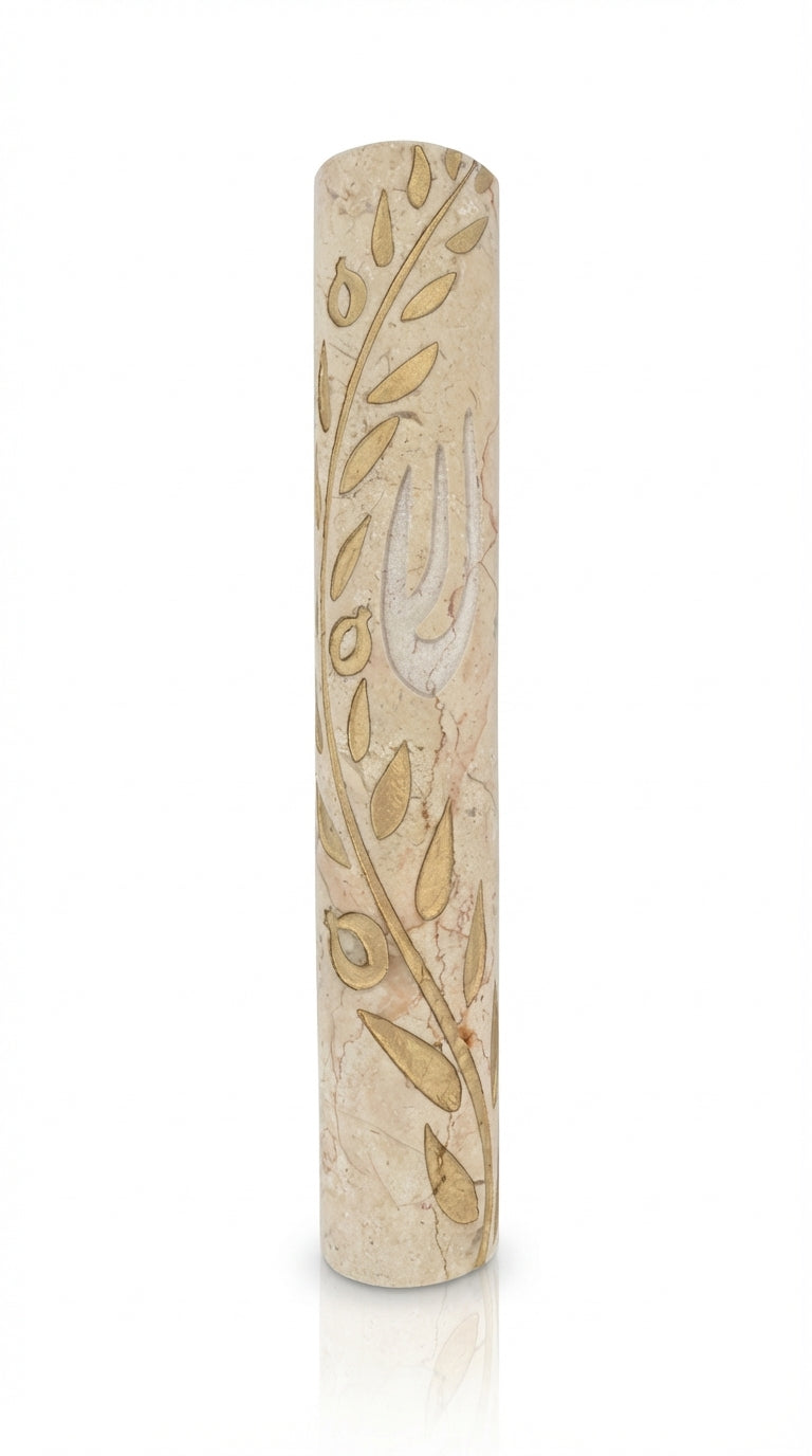 Large handcrafted Jerusalem stone Mezuzah with gold olive branch design and detailed engravings