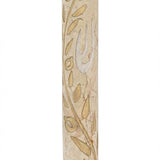 Large handcrafted Jerusalem stone Mezuzah with gold olive branch design and detailed engravings, on a white studio background with soft reflection.