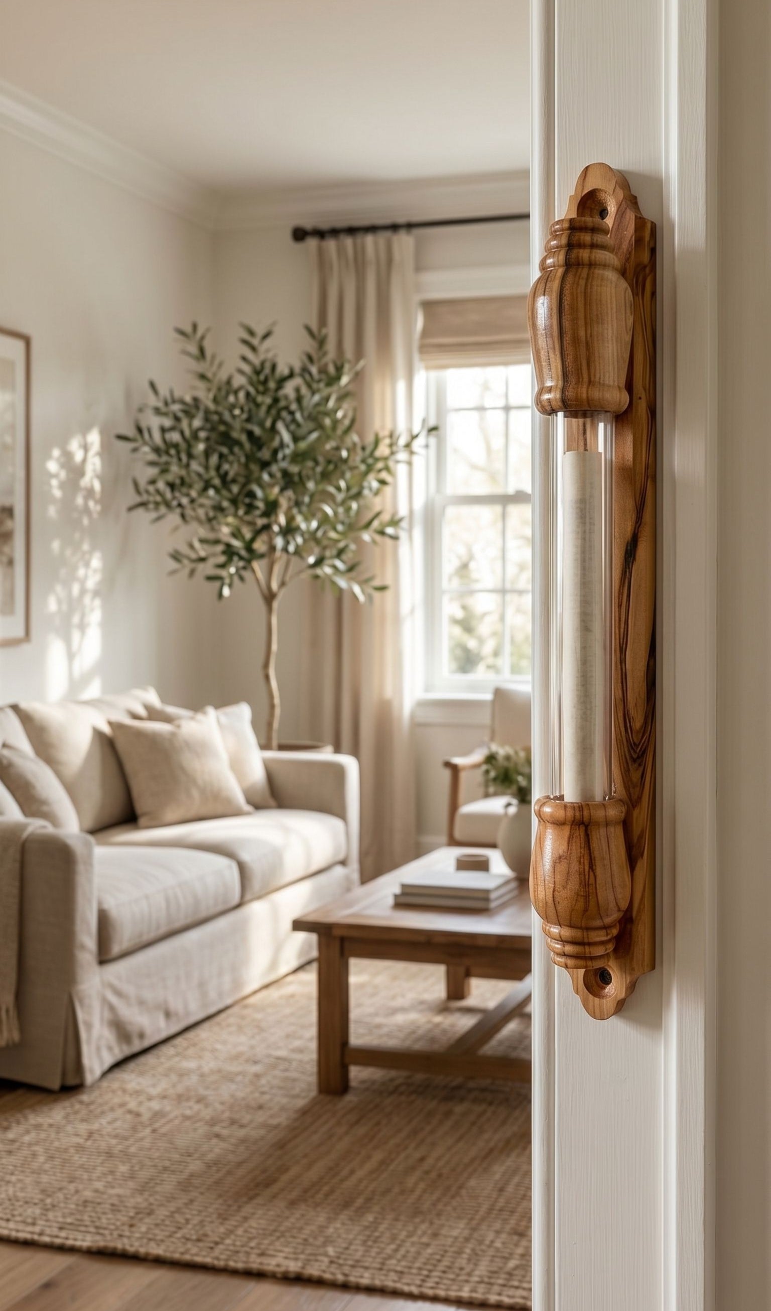 Interior doorway with handcrafted olive wood mezuzah featuring exposed glass scroll chamber, mounted on the right side of the door frame.
