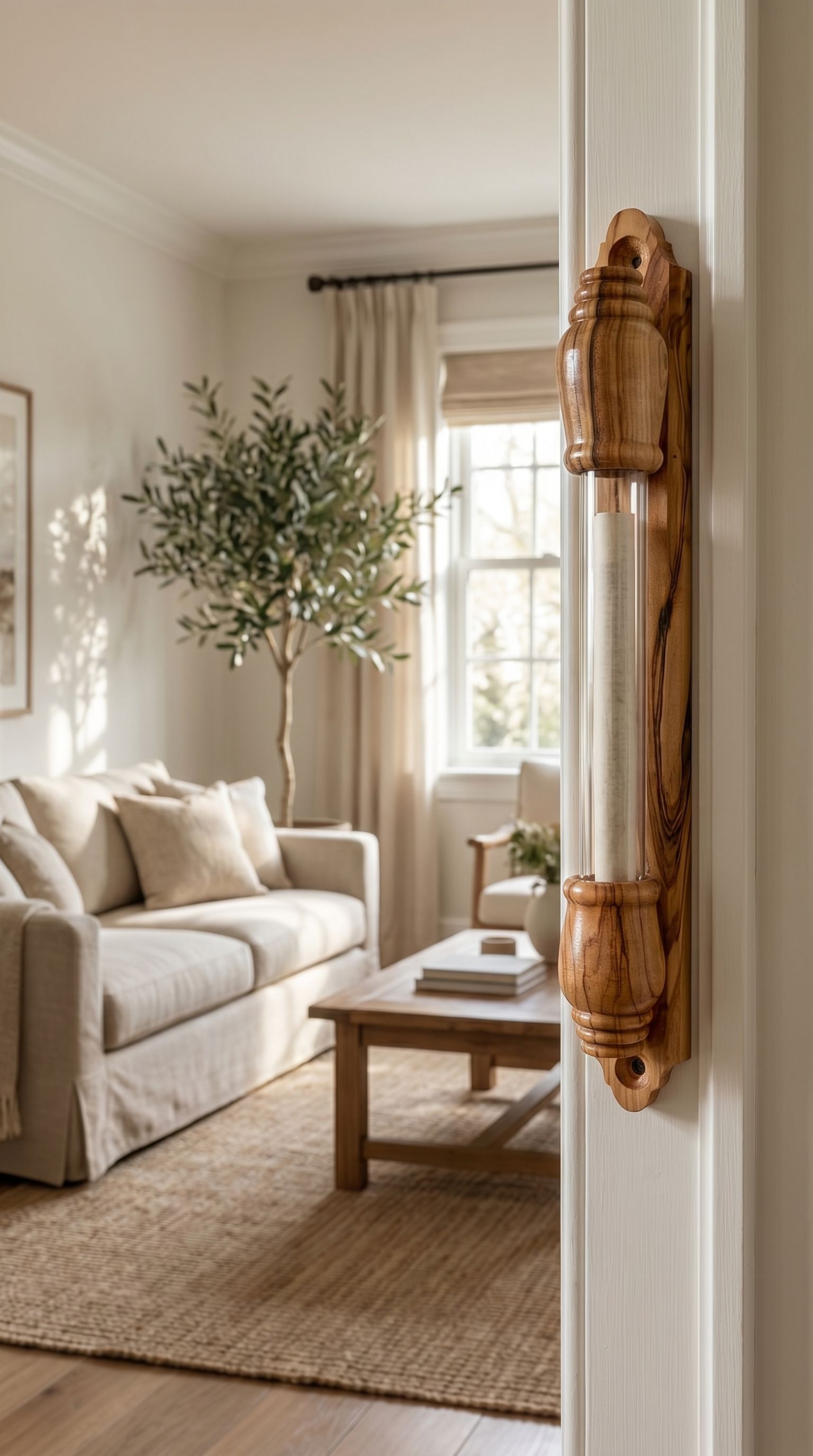 Interior doorway with handcrafted olive wood mezuzah featuring exposed glass scroll chamber, mounted on the right side of the door frame.
