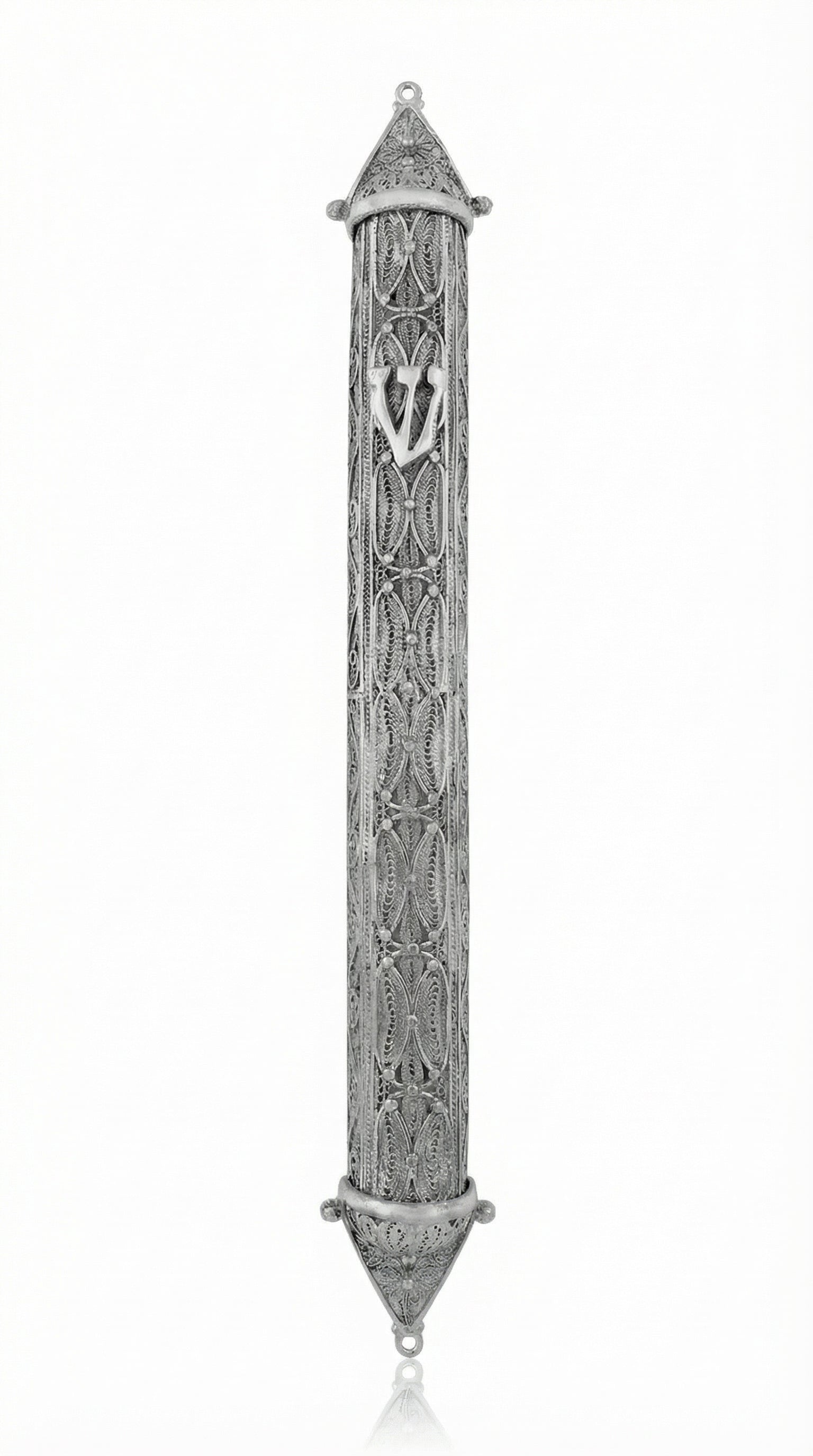 Extra large handmade sterling silver mezuzah with intricate filigree and transparent design, showcasing Hebrew inscriptions and fine craftsmanship.