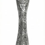 Large handcrafted sterling silver mezuzah with detailed filigree leaf and Sha-dai on a bright white studio background with subtle reflection.