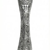 Large handcrafted sterling silver mezuzah with detailed filigree leaf and Sha-dai on a bright white studio background with subtle reflection.