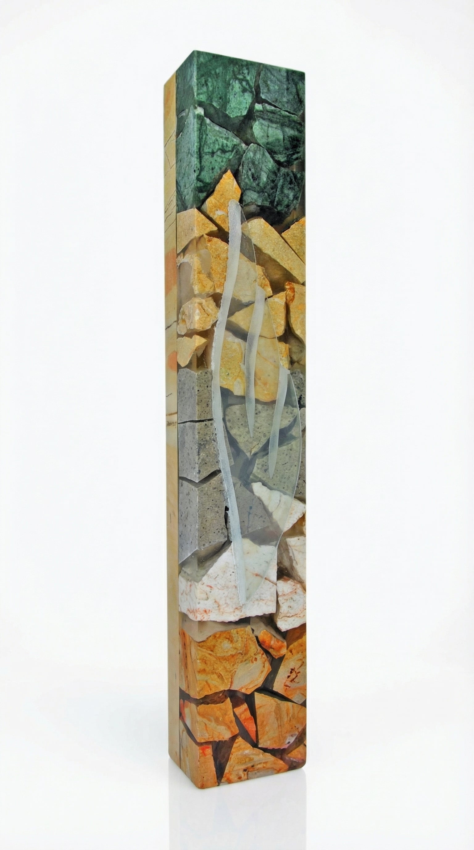 Extra large Israel stones mezuzah with colorful stone pieces, glass Shin, and clean white background, showcasing detailed craftsmanship and design.
