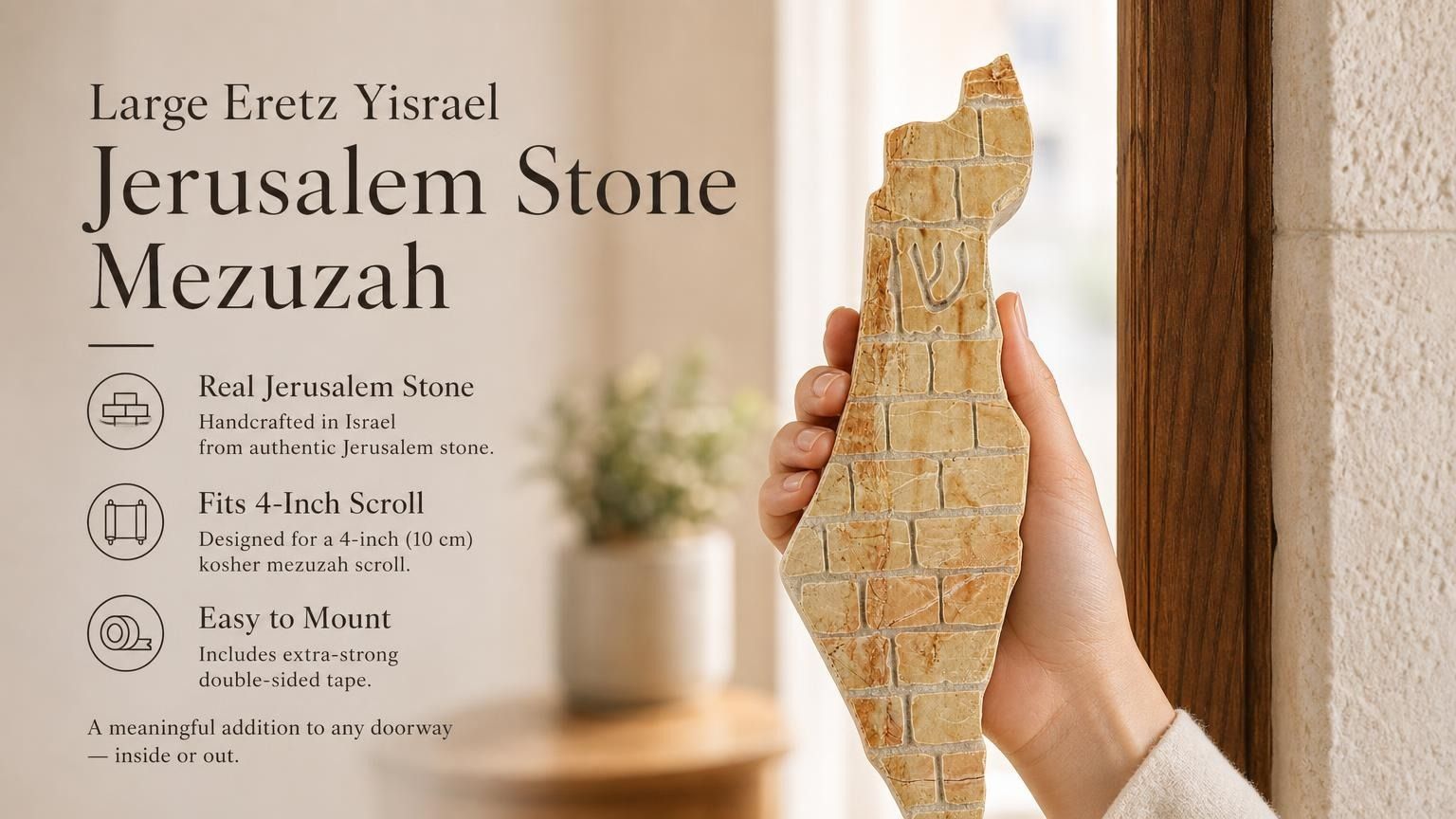 Large Eretz Yisrael Jerusalem Stone Mezuzah case in a 7.5-inch cream stone mezuzah cover made in Israel with a shape of the Land of Israel motif and raised gold lettering for front doors, large entryways, offices, and synagogue doorways