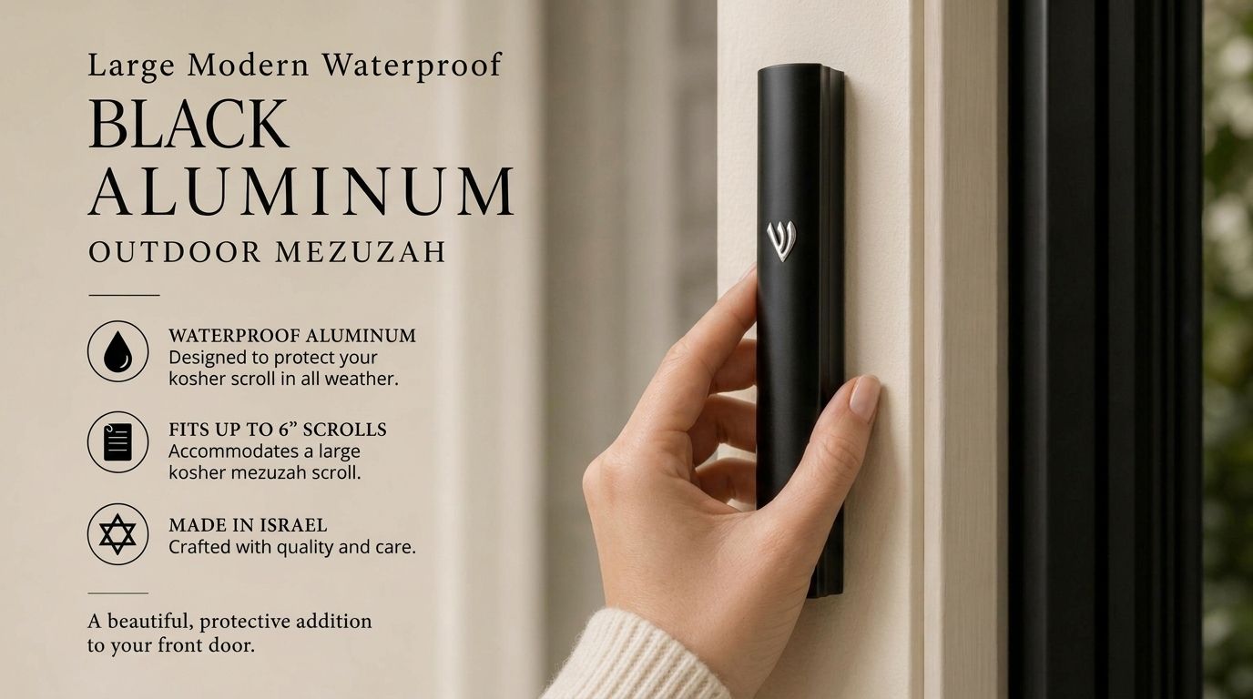 holding a large black aluminum outdoor mezuzah case against a pale front doorpost with its silver Hebrew Shin facing forward, while the graphic highlights waterproof aluminum, six-inch scroll compatibility and Israeli origin