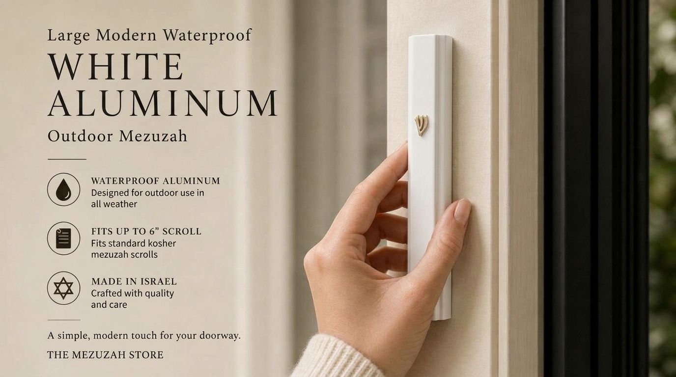 Large Modern Waterproof white Aluminum Outdoor Mezuzah and its silver Shin beside a contemporary front-door setting