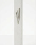 Extra large modern white cement mezuzah, 9 inches tall, with detailed Hebrew engravings and decorative motifs on a bright white studio background with soft reflection.
