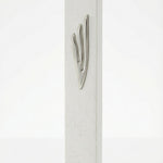 Extra large modern white cement mezuzah, 9 inches tall, with detailed Hebrew engravings and decorative motifs on a bright white studio background with soft reflection.