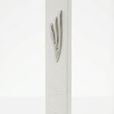 Extra large modern white cement mezuzah, 9 inches tall, with detailed Hebrew engravings and decorative motifs on a bright white studio background with soft reflection.