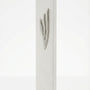 Extra large modern white cement mezuzah, 9 inches tall, with detailed Hebrew engravings and decorative motifs on a bright white studio background with soft reflection.