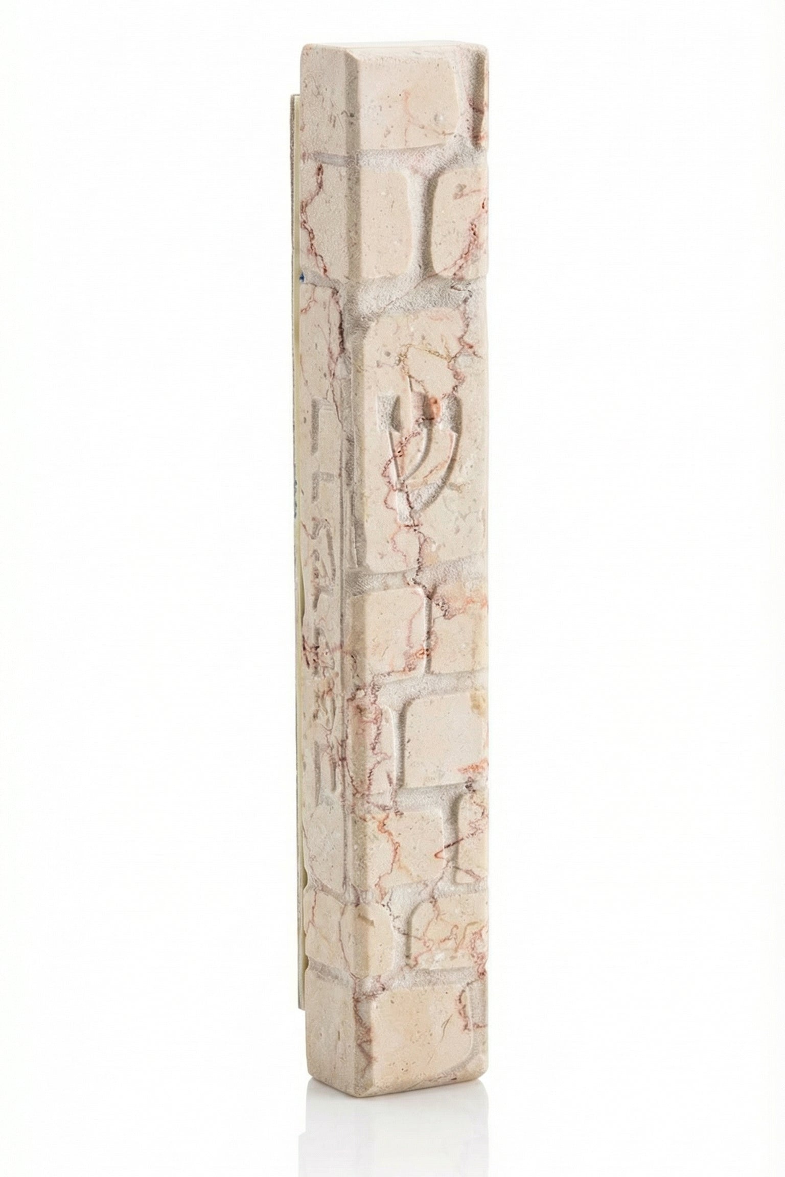 Large white Jerusalem stone Mezuzah modeled after the Kotel, handcrafted in Israel with natural surface variations, textures, and engraved details.