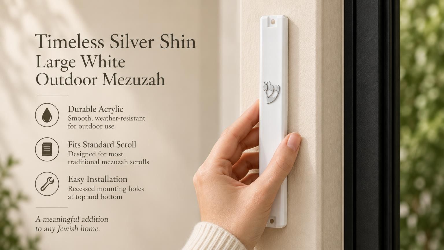 Person holding a large white acrylic mezuzah case featuring a crowned silver Shin Hebrew letter for doorpost mounting.