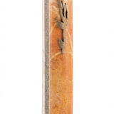 Handmade Israeli Mezuzah made of layered stones from Jerusalem and Hebron with engraved Hebrew blessing, on a white studio background.