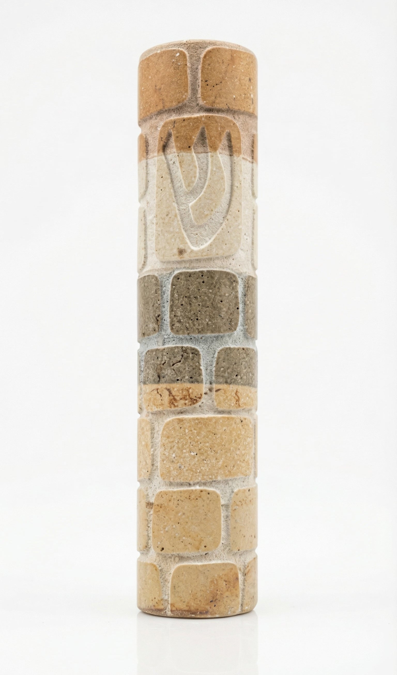 High-resolution image of a Jerusalem stone Mezuzah made in Israel, featuring natural stones from Holy Land, with detailed engravings and Hebrew inscriptions.